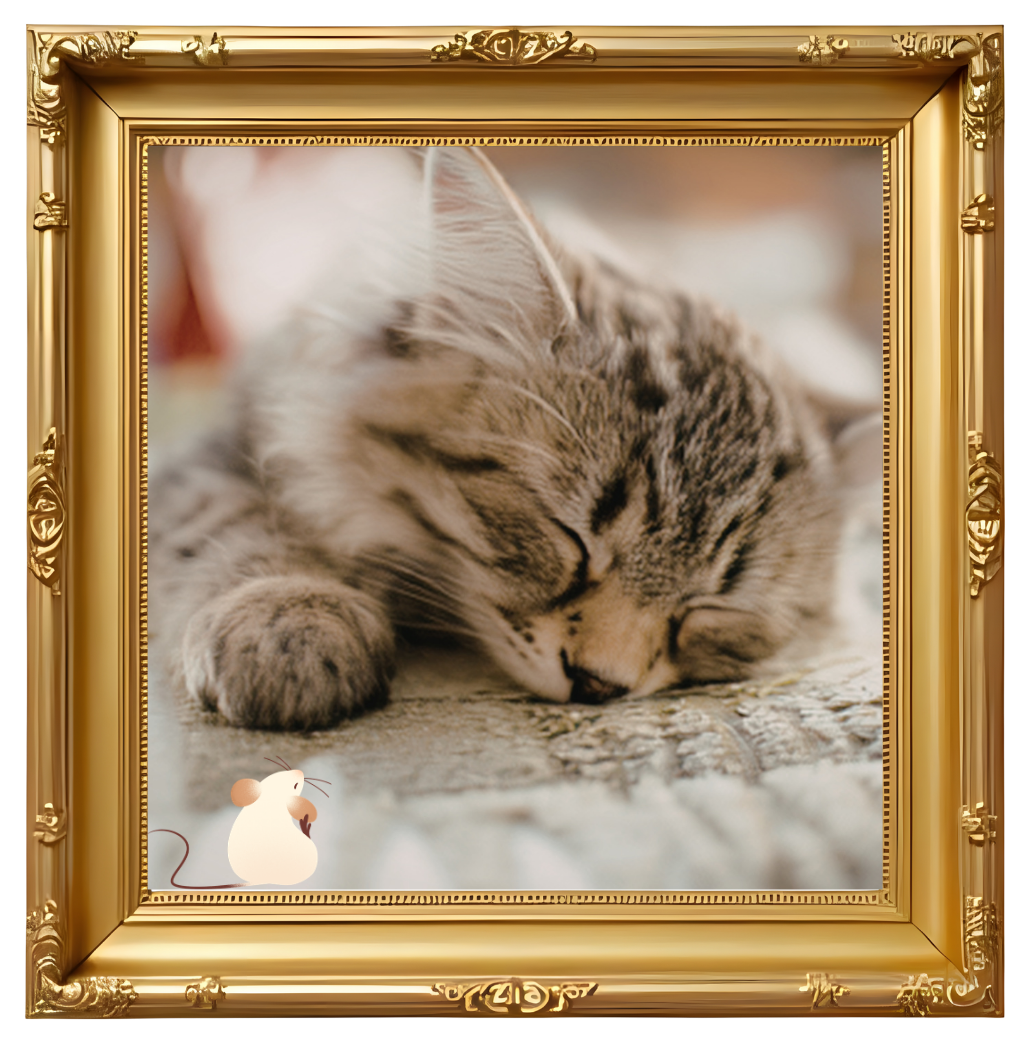 A gold photo frame around a photograph of a sleeping cat at Dr. Fitz's Bayside Animal Clinic in New Baltimore, MI
